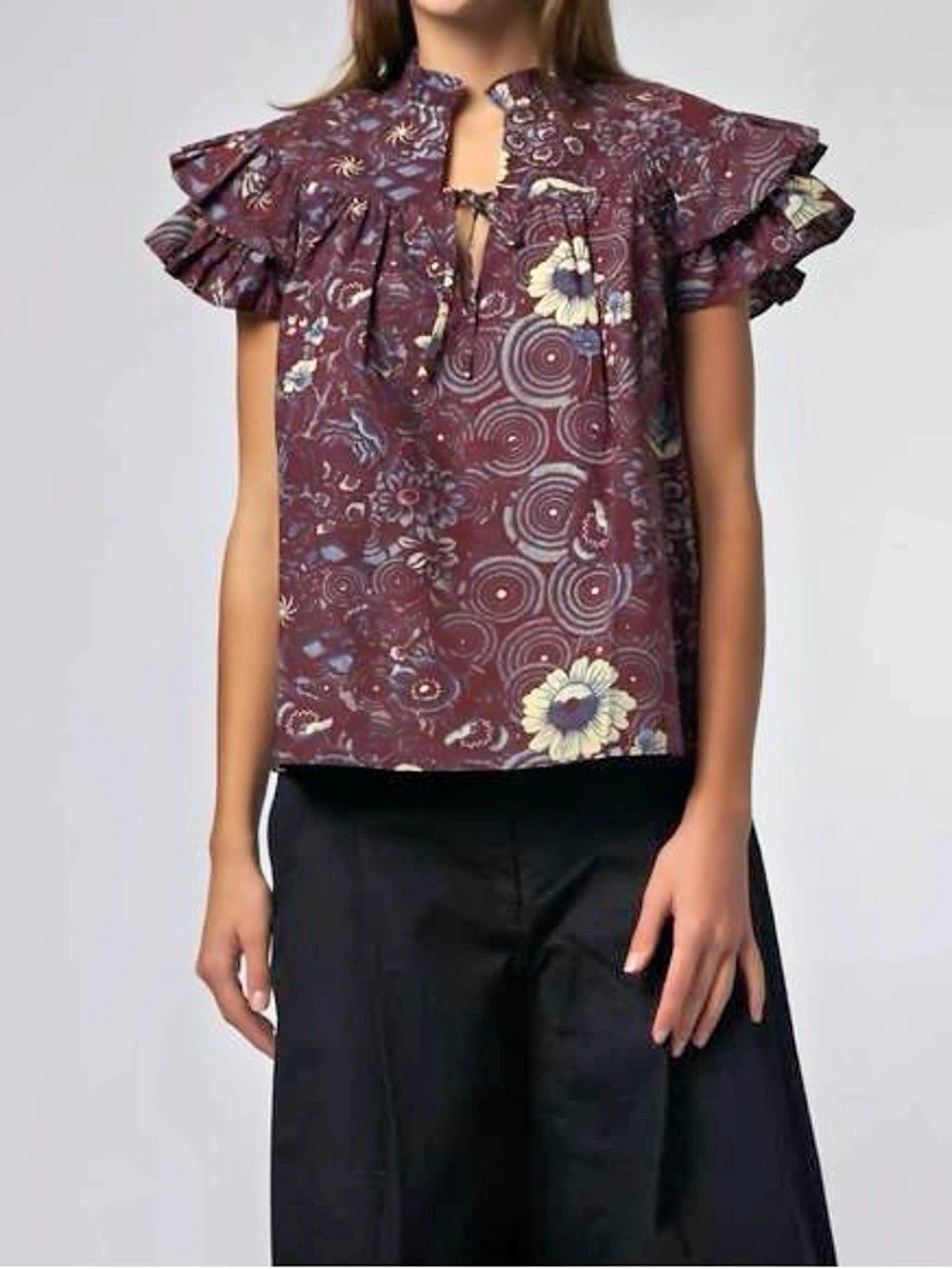Ulla Johnson Tira Top Floral Ruffle Sleeve Blouse Burgundy & Purple Like New